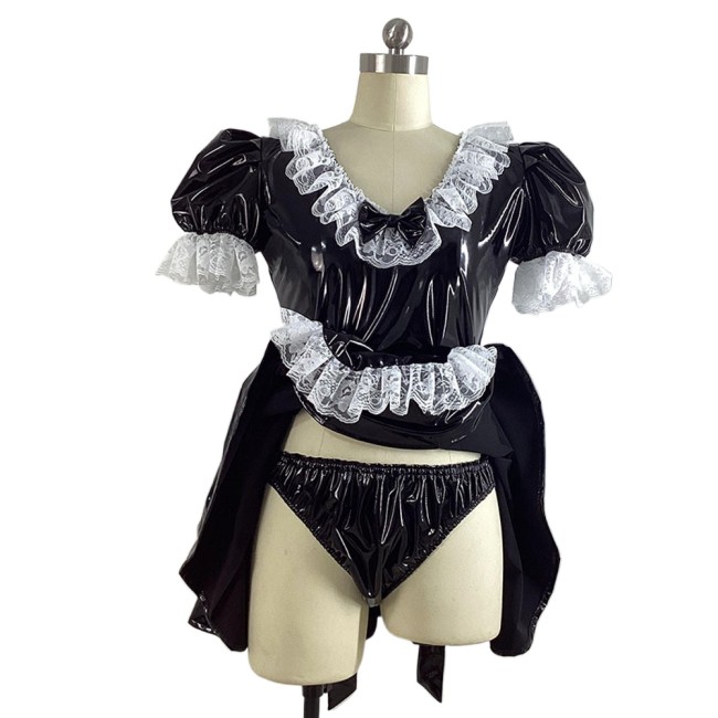 Sissy Dress-Up Cosplay Maid Uniforms Lace Trimming V-neck Maid Dress with Apron Panties Halloween Party Cross-dressing Outfits