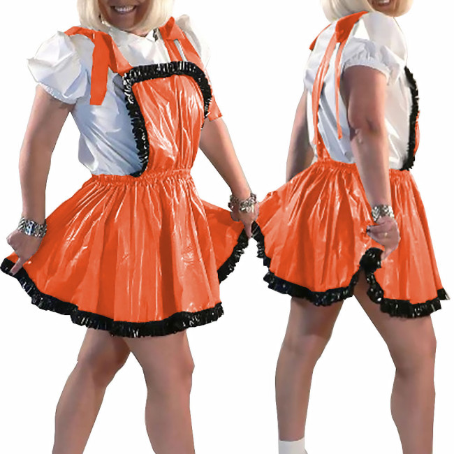 New College PVC Shiny Mini Skirt with Bib Lolita Ruffles A-line Pleated Skirts Sissy Sexy Backless Straps Short Dress Streetwear