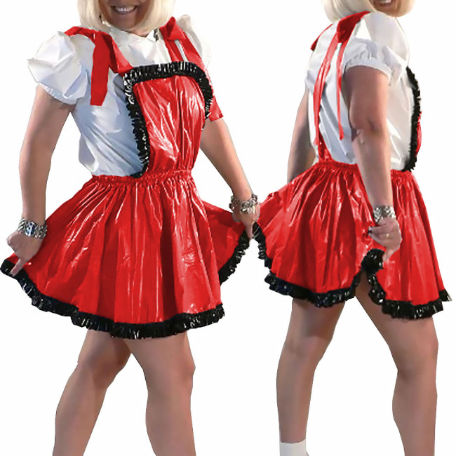 New College PVC Shiny Mini Skirt with Bib Lolita Ruffles A-line Pleated Skirts Sissy Sexy Backless Straps Short Dress Streetwear