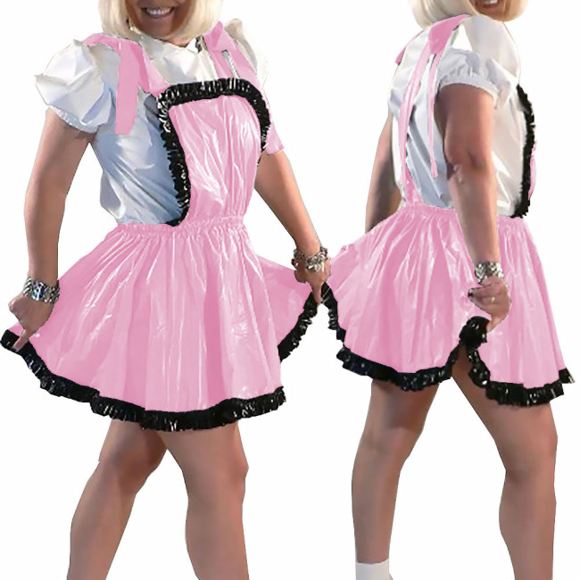 New College PVC Shiny Mini Skirt with Bib Lolita Ruffles A-line Pleated Skirts Sissy Sexy Backless Straps Short Dress Streetwear