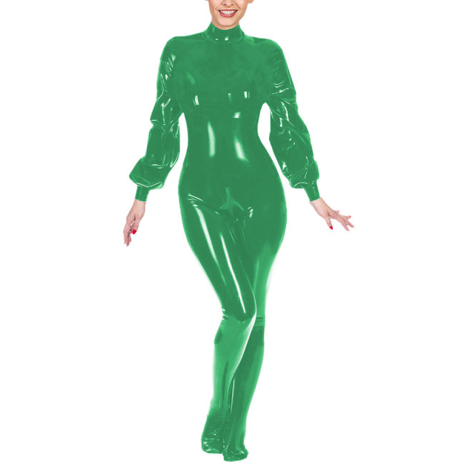 Ladies Club Jumpsuit Fashion Lantern Sleeves Bondage Footed Catsuit Wetlook Patent Leather Zentai Zipper Open Crotch Bodysuit