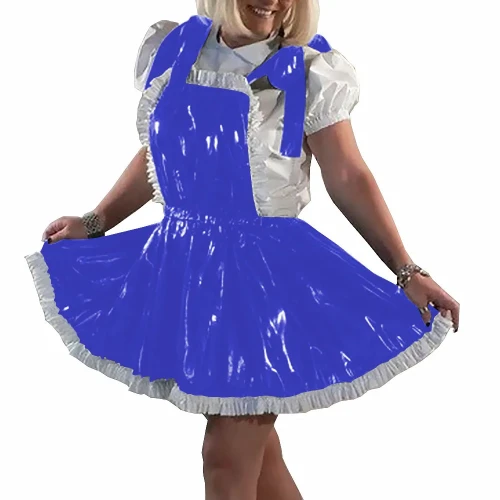 Fashion Preppy Style Suspender Skirt Glossy PVC Leather Ruffles A-Short Skirts Sissy Overalls Mini Skirt Wetlook Club Costume