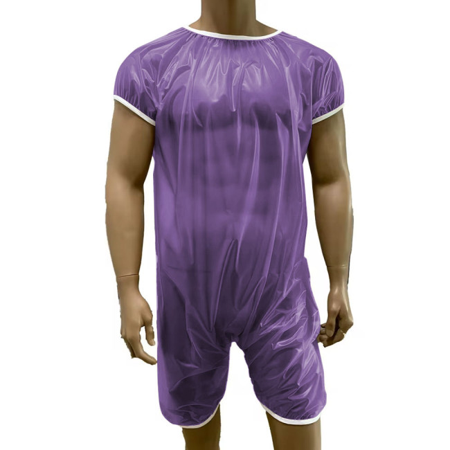 PVC Transparent Zipper Back Plastic Jumpsuit Short Sleeved Waterproof Soft Smooth ABDL Sissy Costume Female Fit Adult Baby Suit