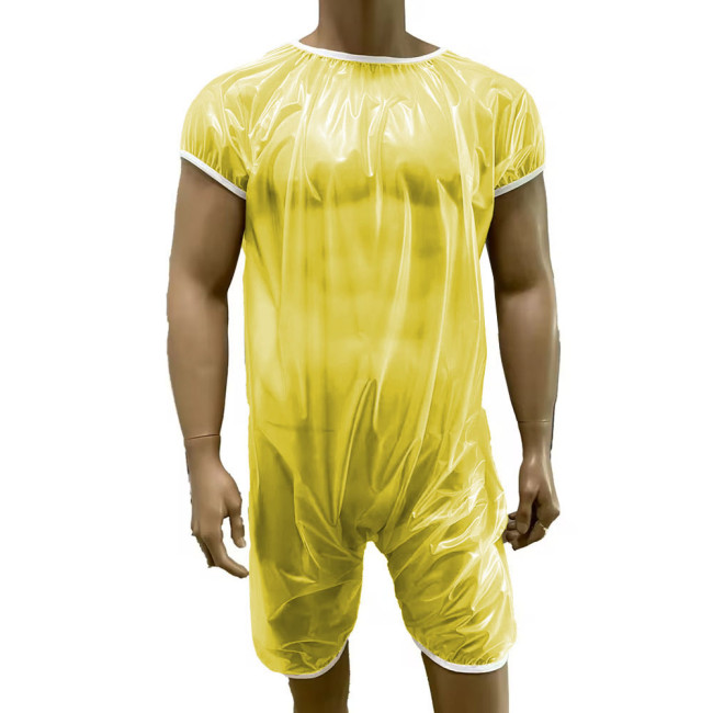 PVC Transparent Zipper Back Plastic Jumpsuit Short Sleeved Waterproof Soft Smooth ABDL Sissy Costume Female Fit Adult Baby Suit