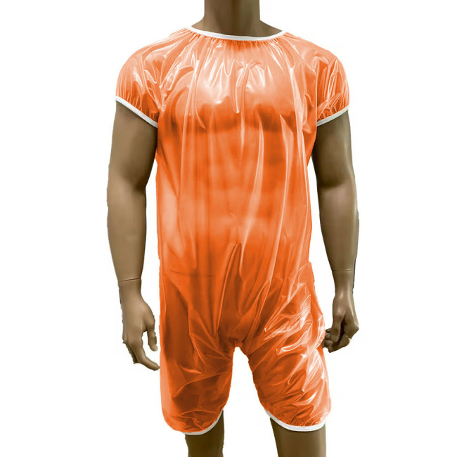 PVC Transparent Zipper Back Plastic Jumpsuit Short Sleeved Waterproof Soft Smooth ABDL Sissy Costume Female Fit Adult Baby Suit