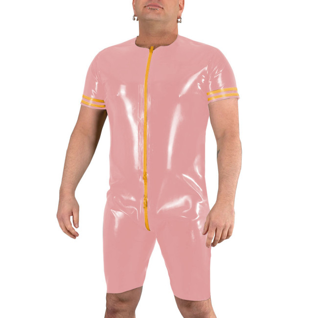 Mens Wetlook Patent Leather Jumpsuits Short Sleeve PVC Shiny Front To Back Crotch Zipper Bodysuit Exotic Club Pole Dance Costume