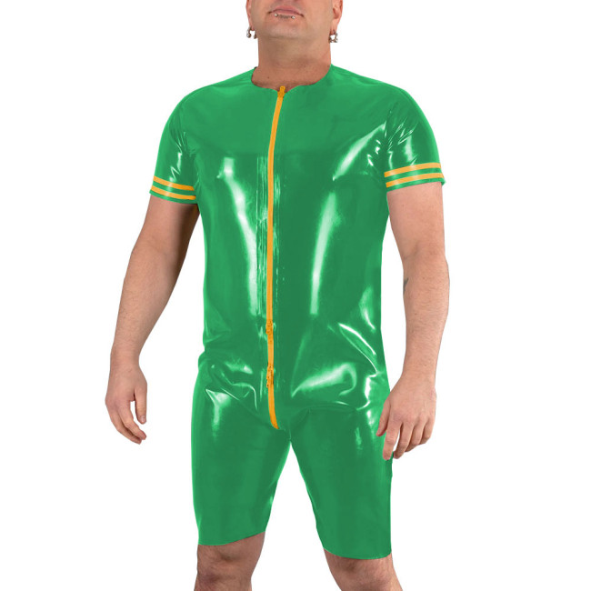 Mens Wetlook Patent Leather Jumpsuits Short Sleeve PVC Shiny Front To Back Crotch Zipper Bodysuit Exotic Club Pole Dance Costume
