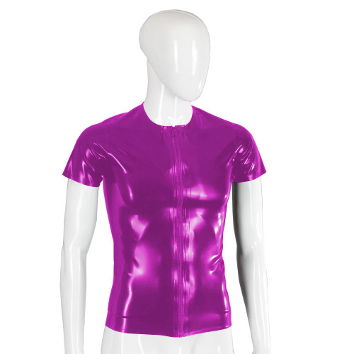 Men Wetlook Front Zipper Jackets Short Sleeve Shiny PVC Leather Tops Punk Gothic O-neck Slim Coats Rave Party T-shirts Clubwear