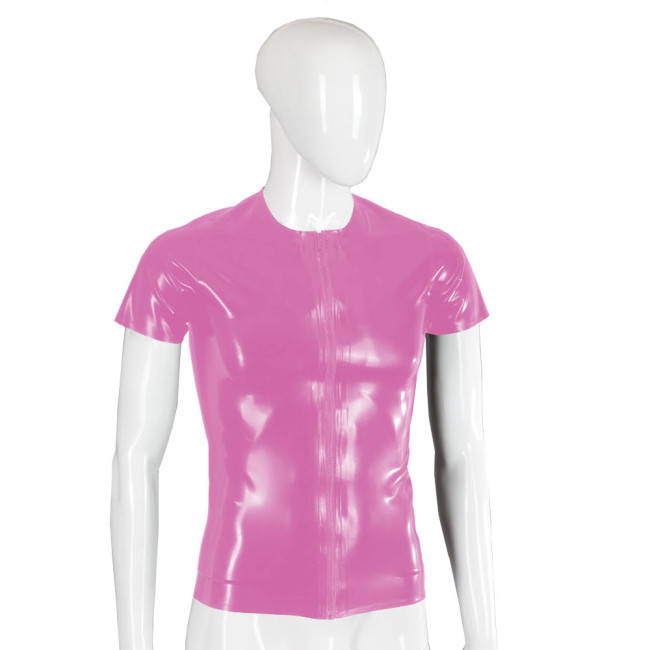Men Wetlook Front Zipper Jackets Short Sleeve Shiny PVC Leather Tops Punk Gothic O-neck Slim Coats Rave Party T-shirts Clubwear