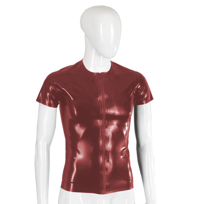 Men Wetlook Front Zipper Jackets Short Sleeve Shiny PVC Leather Tops Punk Gothic O-neck Slim Coats Rave Party T-shirts Clubwear