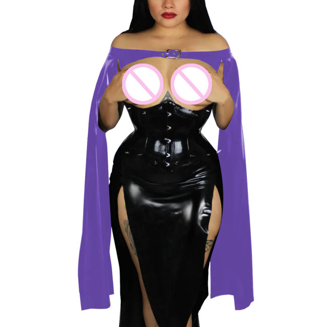 Exotic Cape Bolero Elegant Sexy Long Flowy Sleeves Club Tops Wetlook Patent Leather Croped Jackets Shiny Cocktail Party Costume