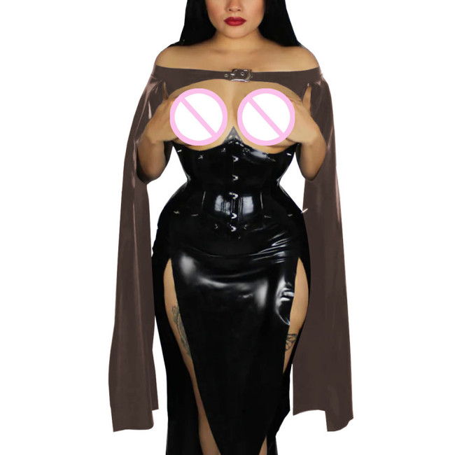Exotic Cape Bolero Elegant Sexy Long Flowy Sleeves Club Tops Wetlook Patent Leather Croped Jackets Shiny Cocktail Party Costume