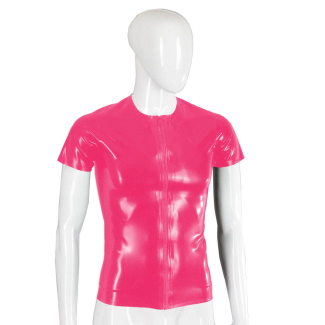 Men Wetlook Front Zipper Jackets Short Sleeve Shiny PVC Leather Tops Punk Gothic O-neck Slim Coats Rave Party T-shirts Clubwear