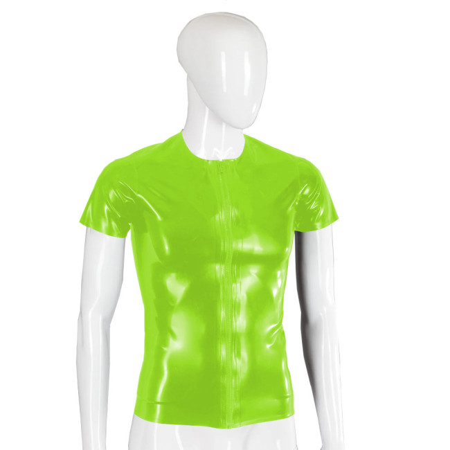 Men Wetlook Front Zipper Jackets Short Sleeve Shiny PVC Leather Tops Punk Gothic O-neck Slim Coats Rave Party T-shirts Clubwear