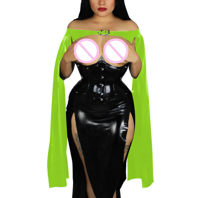 Exotic Cape Bolero Elegant Sexy Long Flowy Sleeves Club Tops Wetlook Patent Leather Croped Jackets Shiny Cocktail Party Costume