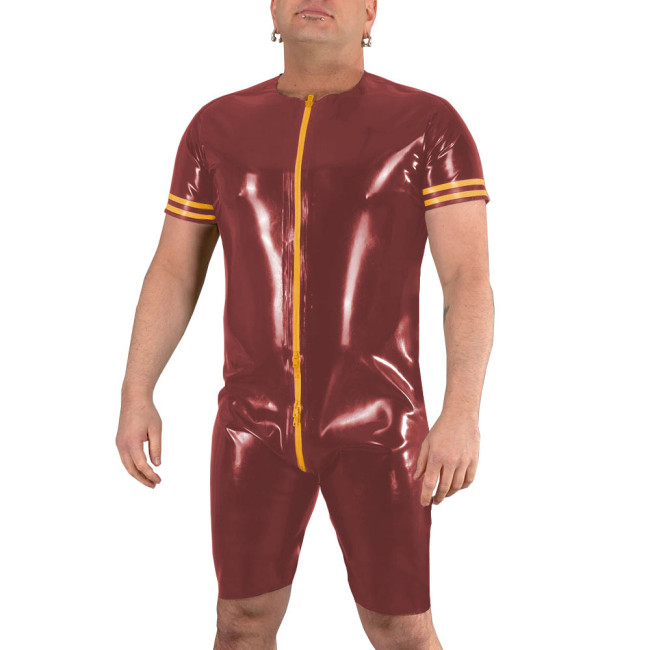 Mens Wetlook Patent Leather Jumpsuits Short Sleeve PVC Shiny Front To Back Crotch Zipper Bodysuit Exotic Club Pole Dance Costume