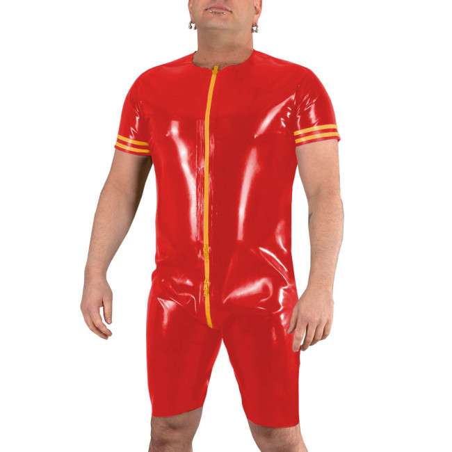 Mens Wetlook Patent Leather Jumpsuits Short Sleeve PVC Shiny Front To Back Crotch Zipper Bodysuit Exotic Club Pole Dance Costume