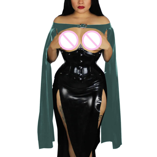 Exotic Cape Bolero Elegant Sexy Long Flowy Sleeves Club Tops Wetlook Patent Leather Croped Jackets Shiny Cocktail Party Costume