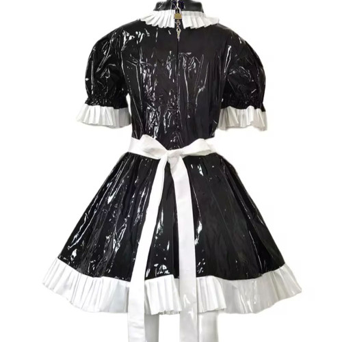 Mens Sissy Lockable Crossdresser French Maid Dress Cosplay Costume U Neck Patent Leather Maid Costume with Apron Erotic Uniform