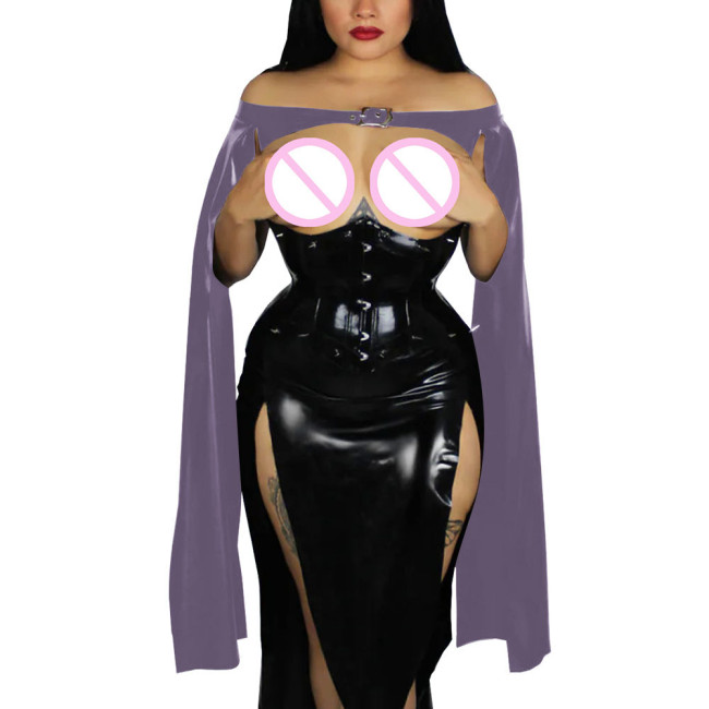 Exotic Cape Bolero Elegant Sexy Long Flowy Sleeves Club Tops Wetlook Patent Leather Croped Jackets Shiny Cocktail Party Costume
