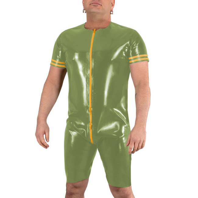 Mens Wetlook Patent Leather Jumpsuits Short Sleeve PVC Shiny Front To Back Crotch Zipper Bodysuit Exotic Club Pole Dance Costume