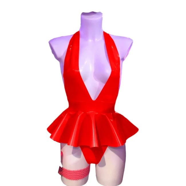 PVC V Neck Halter Bodysuit Dress Faux Leather Romper Sissy Dress Onesie pu leather costume sexy clubwear S-7XL
