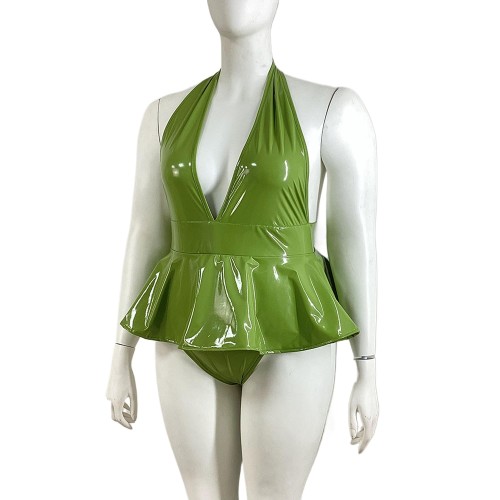 PVC V Neck Halter Bodysuit Dress Faux Leather Romper Sissy Dress Onesie pu leather costume sexy clubwear S-7XL