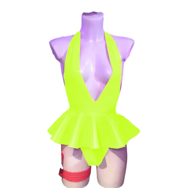 PVC V Neck Halter Bodysuit Dress Faux Leather Romper Sissy Dress Onesie pu leather costume sexy clubwear S-7XL