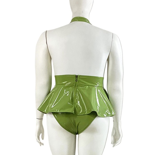 PVC V Neck Halter Bodysuit Dress Faux Leather Romper Sissy Dress Onesie pu leather costume sexy clubwear S-7XL