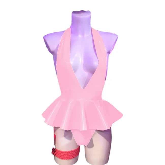PVC V Neck Halter Bodysuit Dress Faux Leather Romper Sissy Dress Onesie pu leather costume sexy clubwear S-7XL