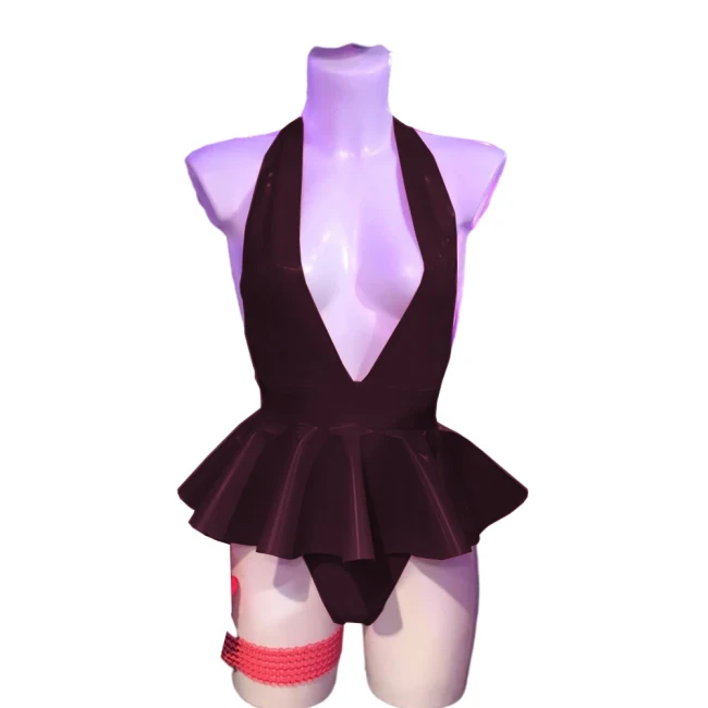 PVC V Neck Halter Bodysuit Dress Faux Leather Romper Sissy Dress Onesie pu leather costume sexy clubwear S-7XL