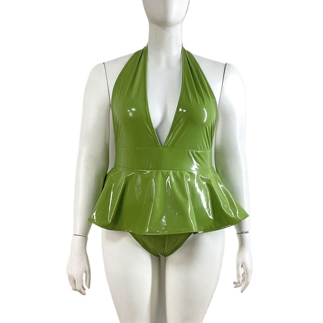 PVC V Neck Halter Bodysuit Dress Faux Leather Romper Sissy Dress Onesie pu leather costume sexy clubwear S-7XL