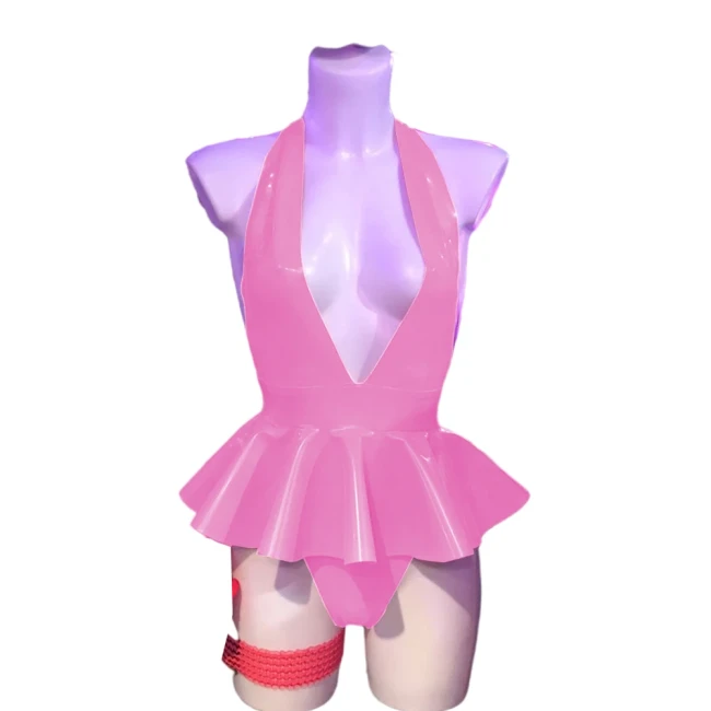 PVC V Neck Halter Bodysuit Dress Faux Leather Romper Sissy Dress Onesie pu leather costume sexy clubwear S-7XL
