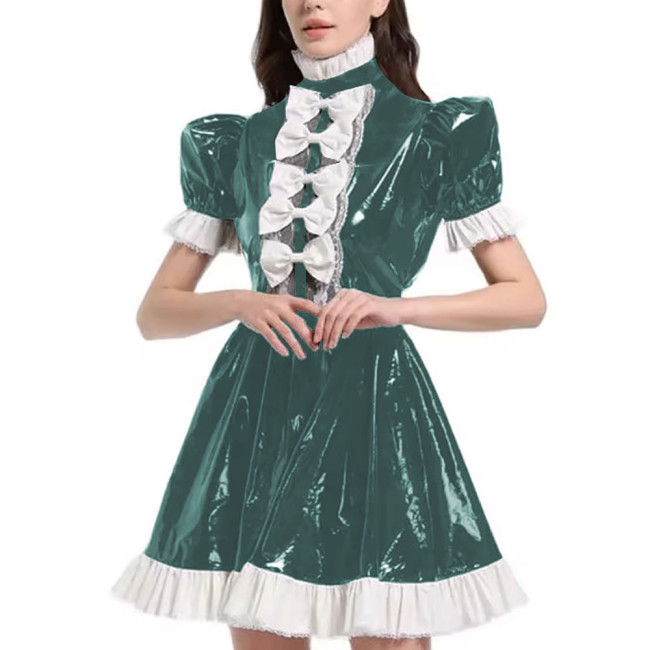 Mens Sexy Sissy Maid Uniform Outfit PVC Latex Ruffles Short Sleeve Bow A Line Dress Crossdressing Costume Halloween Cosplay