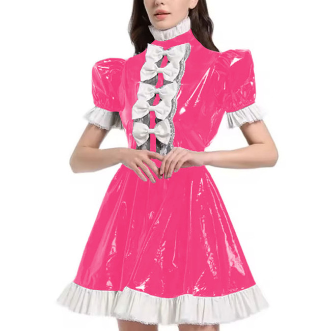 Mens Sexy Sissy Maid Uniform Outfit PVC Latex Ruffles Short Sleeve Bow A Line Dress Crossdressing Costume Halloween Cosplay