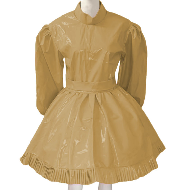 Lockable Sissy French Maid Costume Mens Crossdresser Long Puff Sleeve Patent Leather Lolita Dress Servant Crossdress with Belt