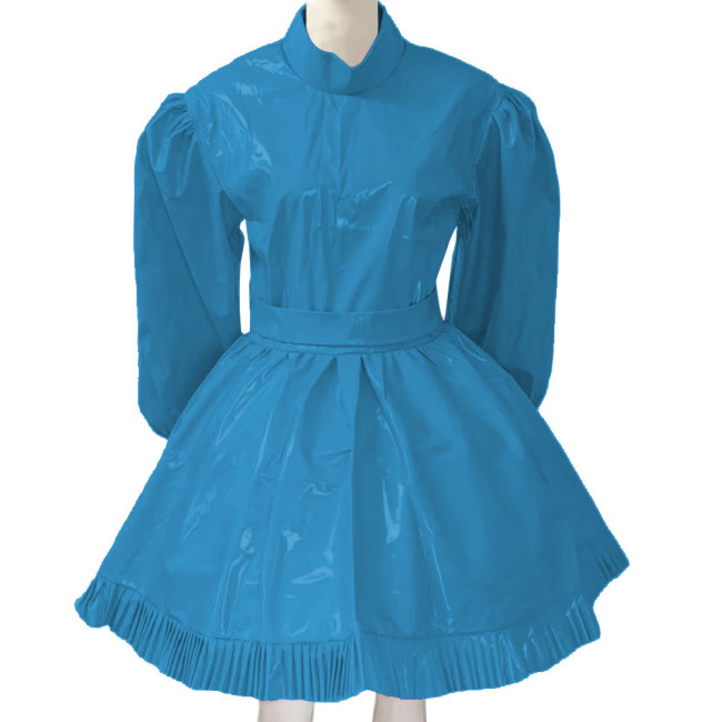 Lockable Sissy French Maid Costume Mens Crossdresser Long Puff Sleeve Patent Leather Lolita Dress Servant Crossdress with Belt