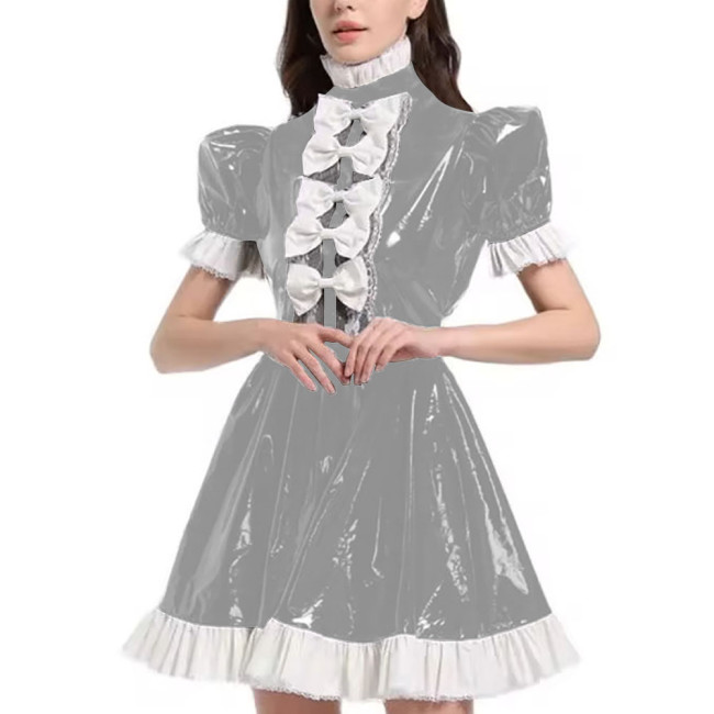 Mens Sexy Sissy Maid Uniform Outfit PVC Latex Ruffles Short Sleeve Bow A Line Dress Crossdressing Costume Halloween Cosplay