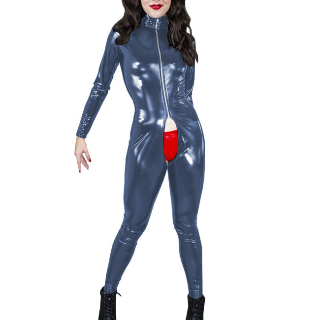 Crotchless Bodysuit Long Sleeve Patent Leather Bodycon Catsuit Erotic Open Crotch Nightclub PVC Leather Sexy Hot Women Zentai