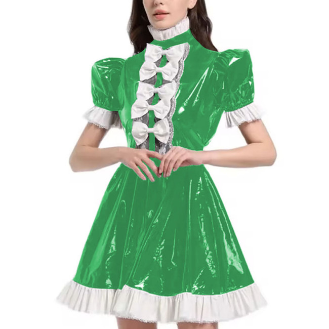 Mens Sexy Sissy Maid Uniform Outfit PVC Latex Ruffles Short Sleeve Bow A Line Dress Crossdressing Costume Halloween Cosplay