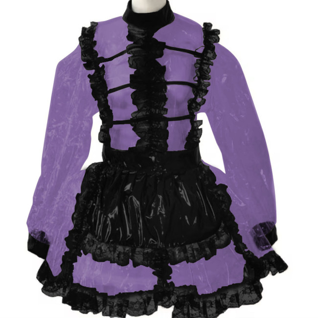 Mens Sissy Crossdresser Lockable Maid Cosplay Vinyl Plastic French Maid Costume Transparent Crossdress Dress Long Sleeve Vestido