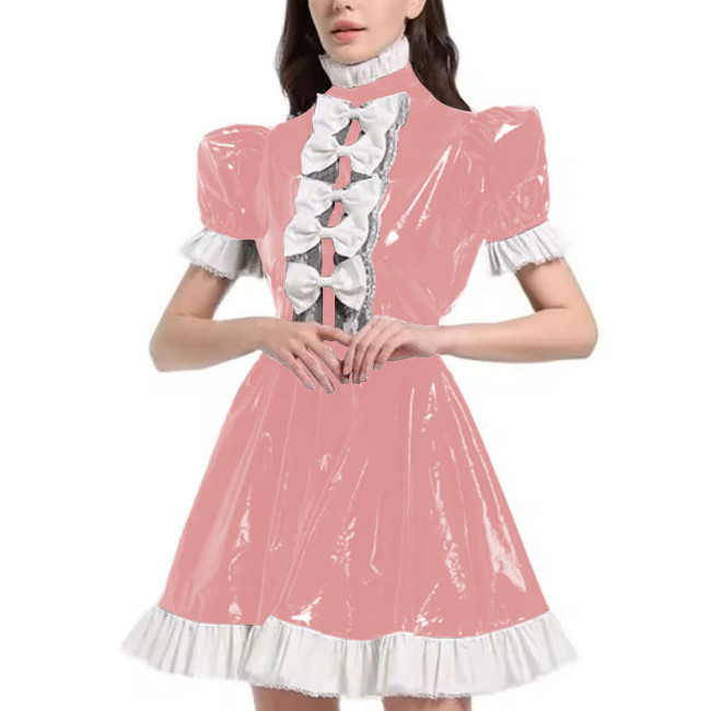 Mens Sexy Sissy Maid Uniform Outfit PVC Latex Ruffles Short Sleeve Bow A Line Dress Crossdressing Costume Halloween Cosplay