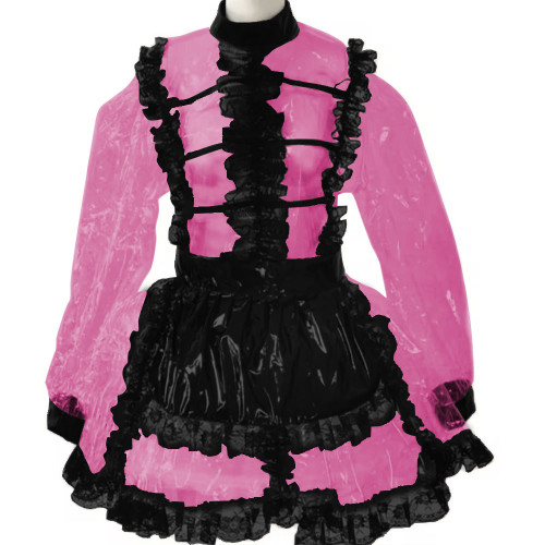 Mens Sissy Crossdresser Lockable Maid Cosplay Vinyl Plastic French Maid Costume Transparent Crossdress Dress Long Sleeve Vestido