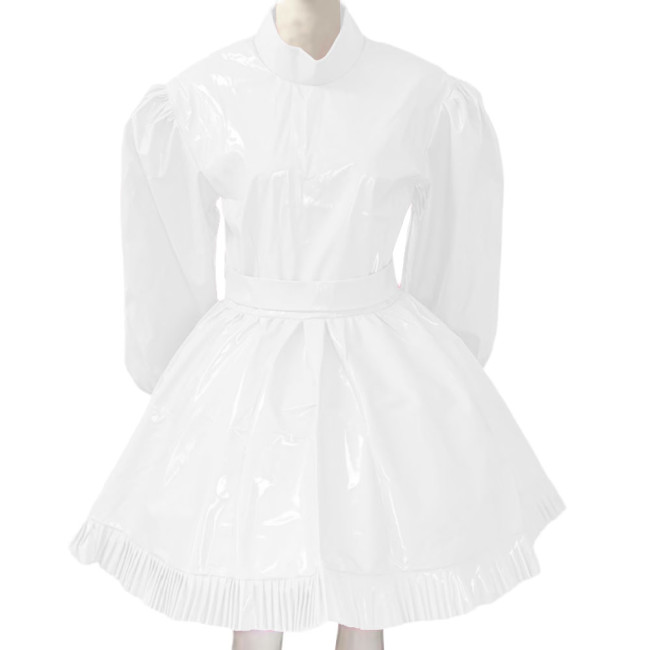 Lockable Sissy French Maid Costume Mens Crossdresser Long Puff Sleeve Patent Leather Lolita Dress Servant Crossdress with Belt
