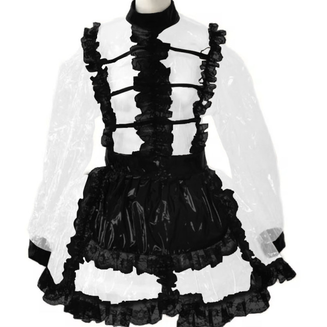 Mens Sissy Crossdresser Lockable Maid Cosplay Vinyl Plastic French Maid Costume Transparent Crossdress Dress Long Sleeve Vestido