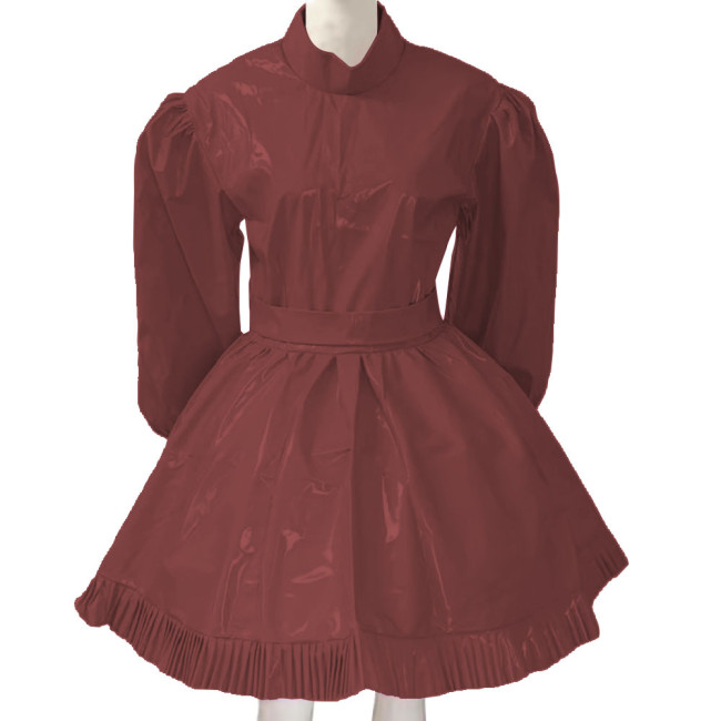Lockable Sissy French Maid Costume Mens Crossdresser Long Puff Sleeve Patent Leather Lolita Dress Servant Crossdress with Belt