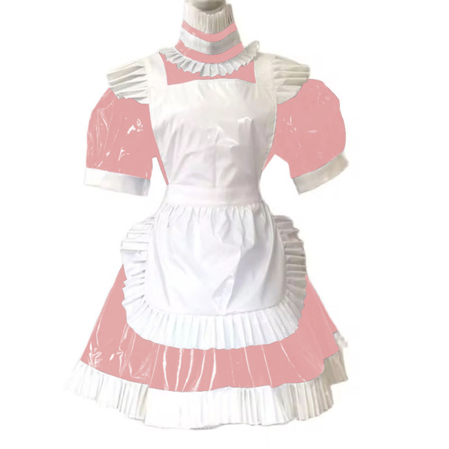 Adult Maid Lockable Dress Uniform Puff Sleeved Wetlook Patent Leather Short Maid Dress with Apron Cross-dresser Cosplay Costume