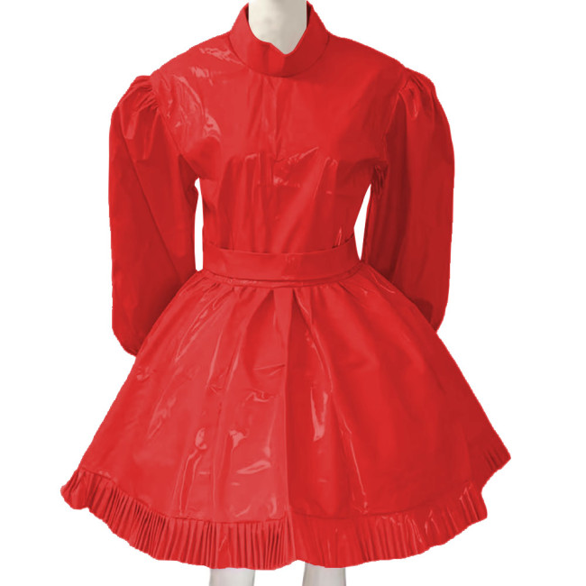 Lockable Sissy French Maid Costume Mens Crossdresser Long Puff Sleeve Patent Leather Lolita Dress Servant Crossdress with Belt