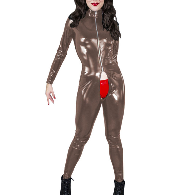 Crotchless Bodysuit Long Sleeve Patent Leather Bodycon Catsuit Erotic Open Crotch Nightclub PVC Leather Sexy Hot Women Zentai