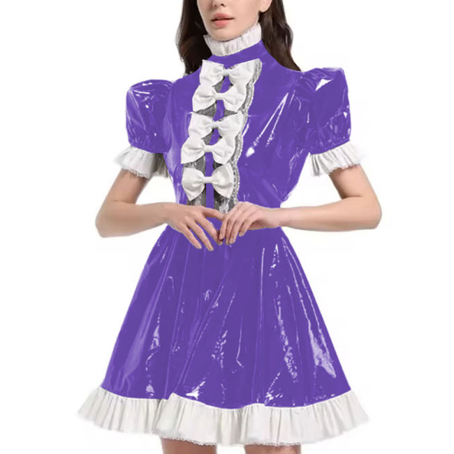 Mens Sexy Sissy Maid Uniform Outfit PVC Latex Ruffles Short Sleeve Bow A Line Dress Crossdressing Costume Halloween Cosplay